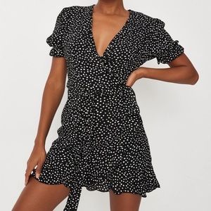 Missguided Black Polka Dot Ruffle Hem Wrap Tea Dress